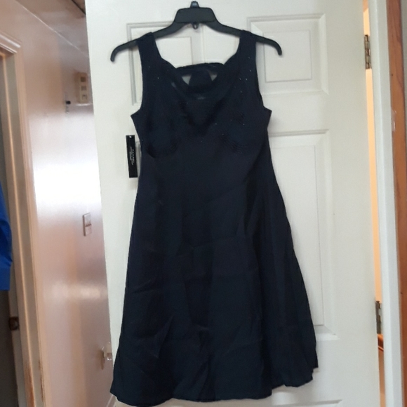 Tahari navy blue dress 12 beautiful ribbon wave beachy beach bust details - Picture 2 of 8